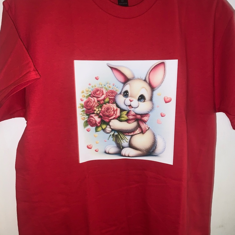 Red T-Shirt with Bunny and Roses Print